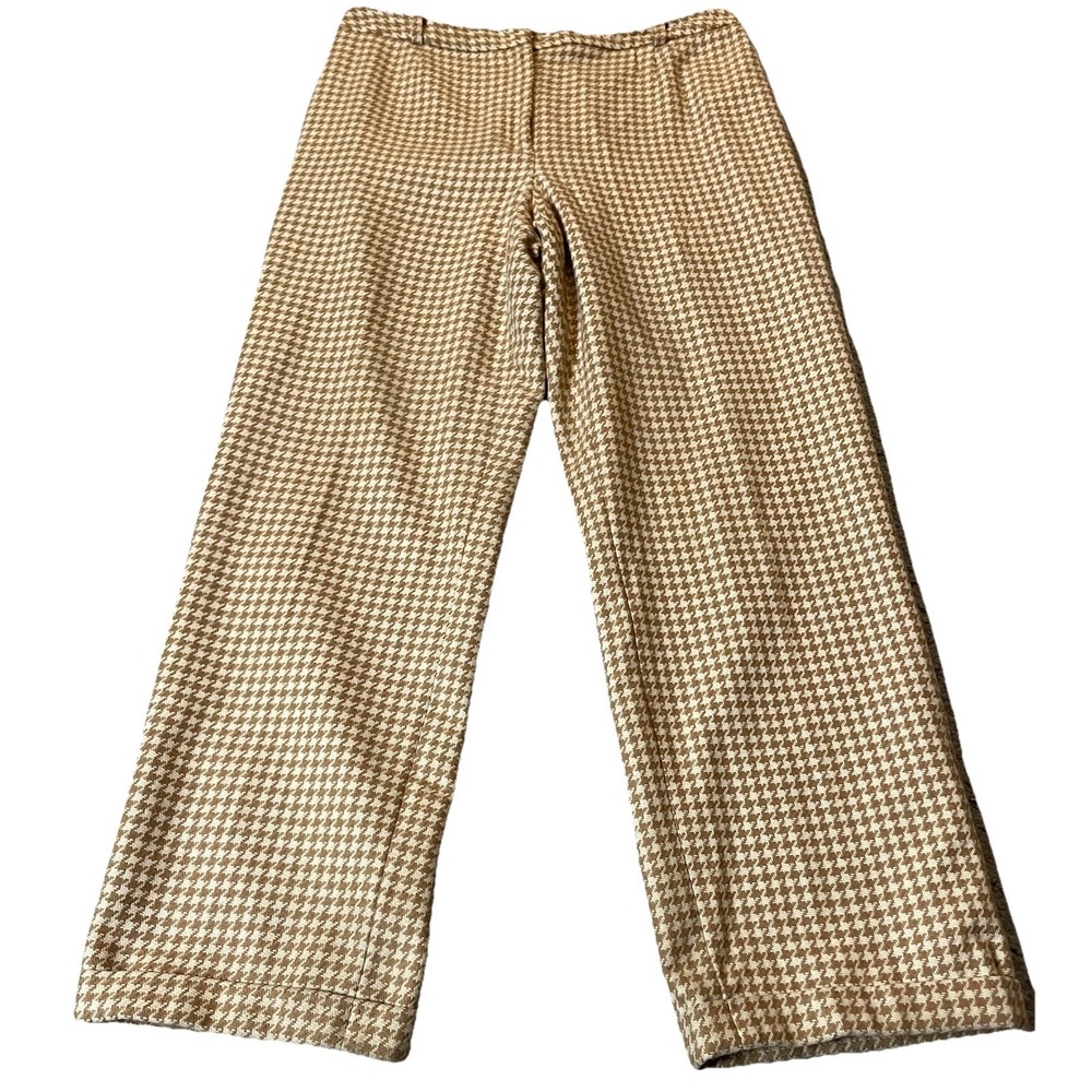 Y2K Ann Taylor Houndstooth Dress Pants 14 Camel Ivory Woven Cuffed Lined Career